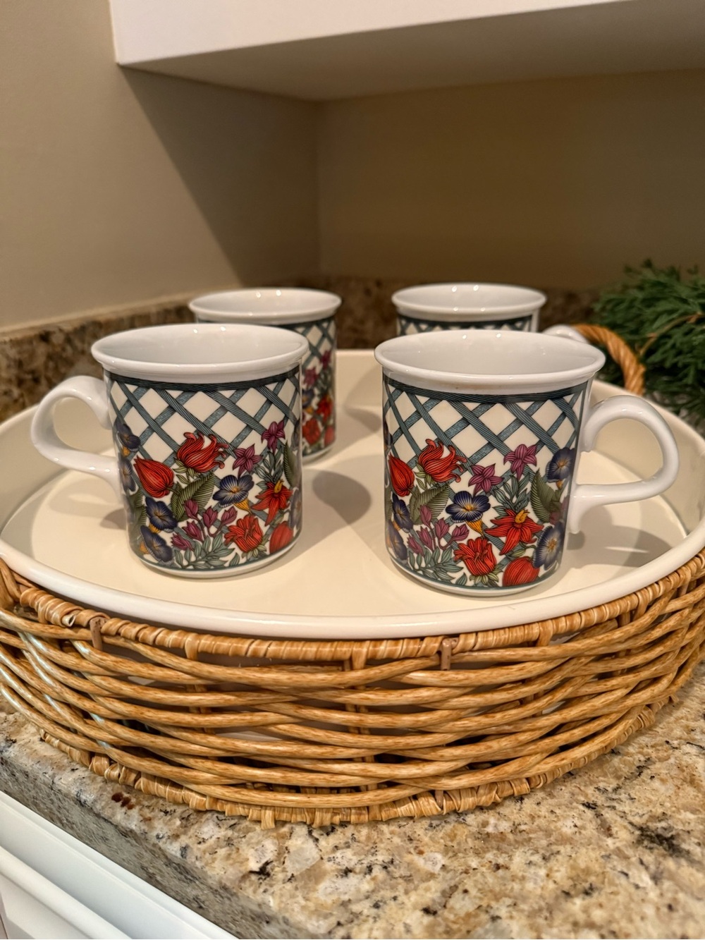 DANSK Nordic Garden Lattice &‎ Ribbon Porcelain Cups CottageCore Farmhouse 4 set